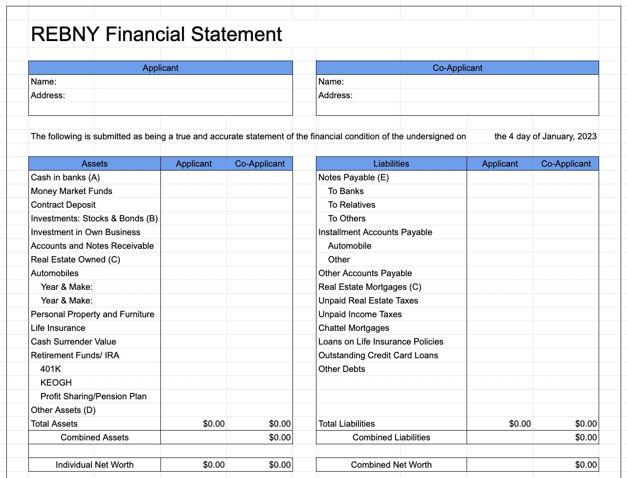 REBNY Financial Statement Template & Instructions (2023)